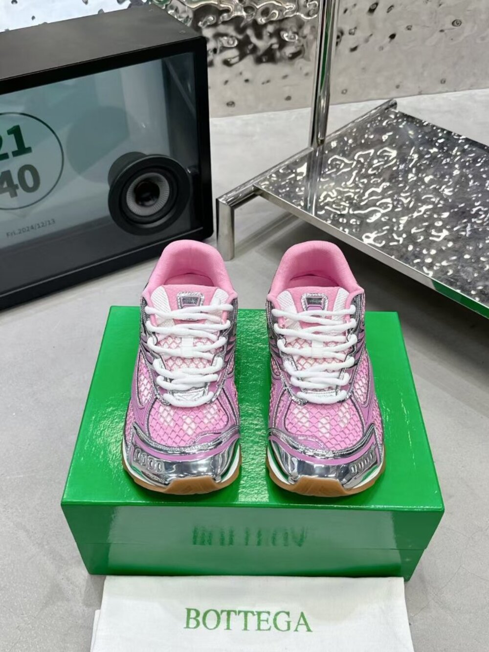 Bottega Veneta Pink Silver Accent Lace Up Runner Sneakers